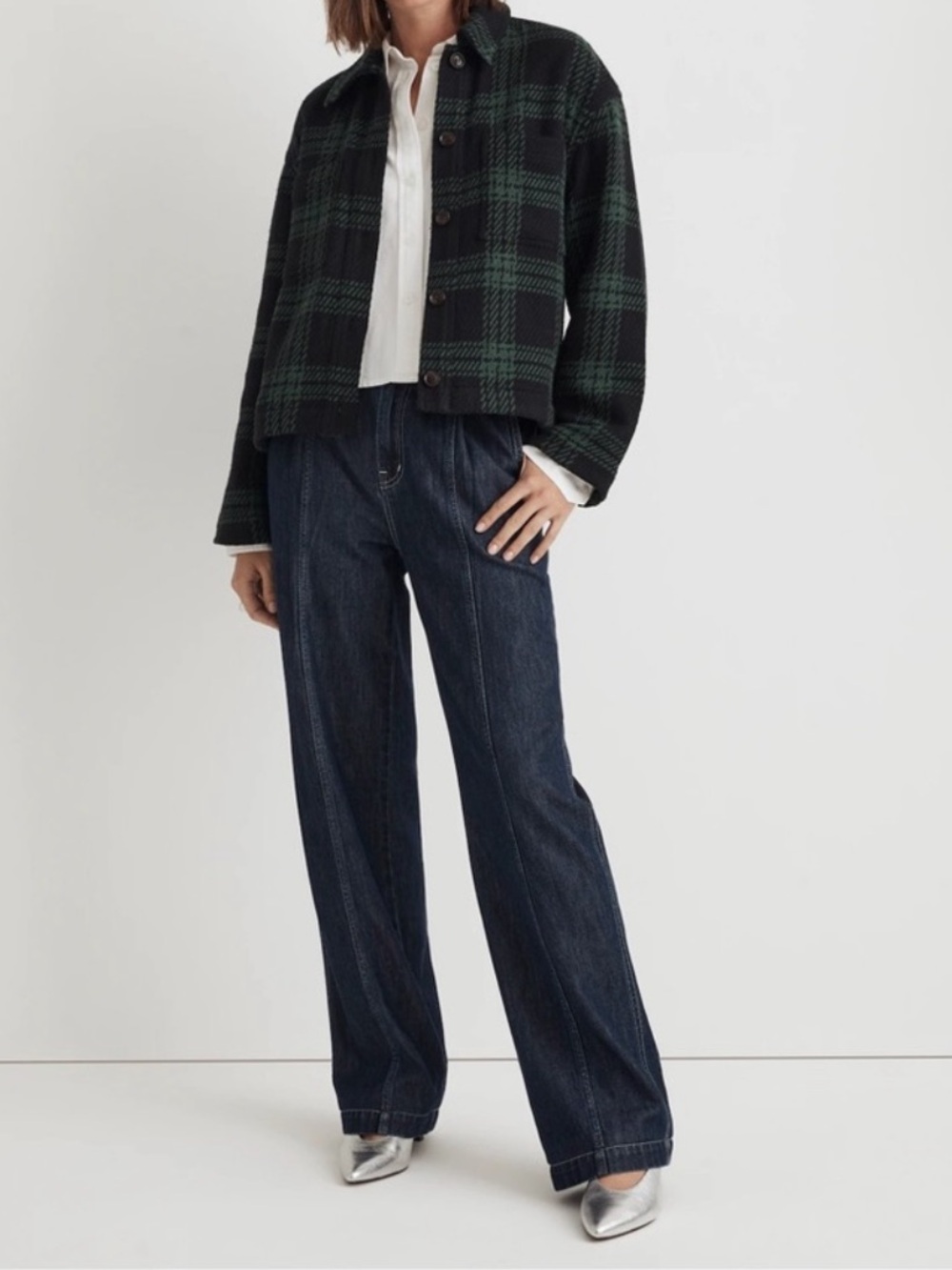 Madewell Plaid Flannel Boxy Shirt Shacket Jacket  Hunter Green Black Size